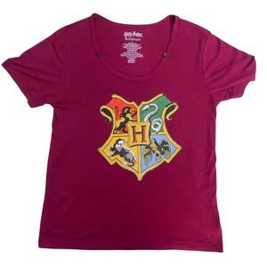 Harry Potter Hogwarts Crest Burgundy Graphic‎ T-Shirt Womens Large Beaded Flock